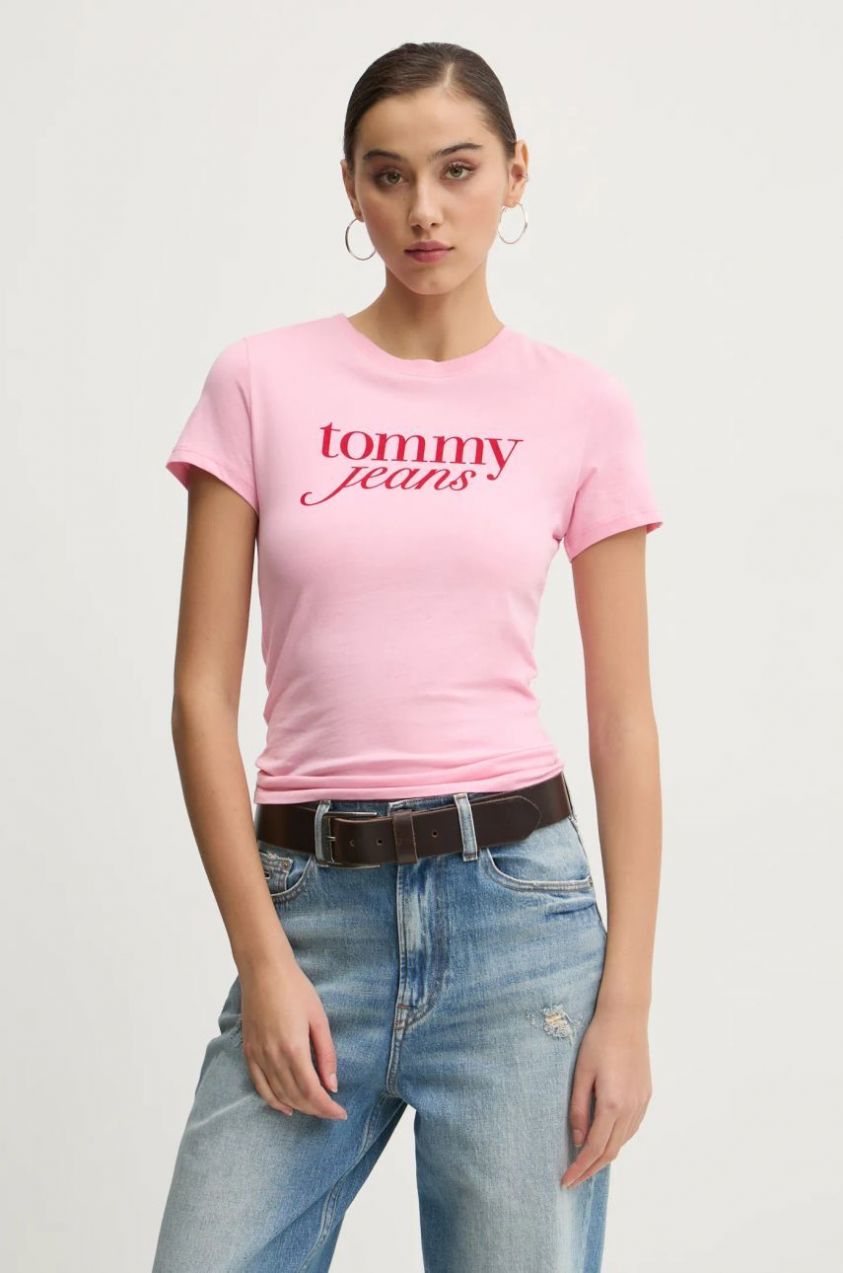 Bavlnené tričko Tommy Jeans dámske, ružová farba, DW0DW19447