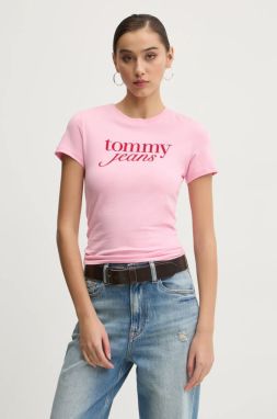 Bavlnené tričko Tommy Jeans dámske, ružová farba, DW0DW19447