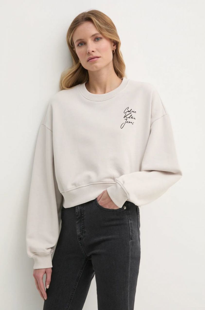 Bavlnená mikina Calvin Klein Jeans dámska, béžová farba, s potlačou, J20J224743