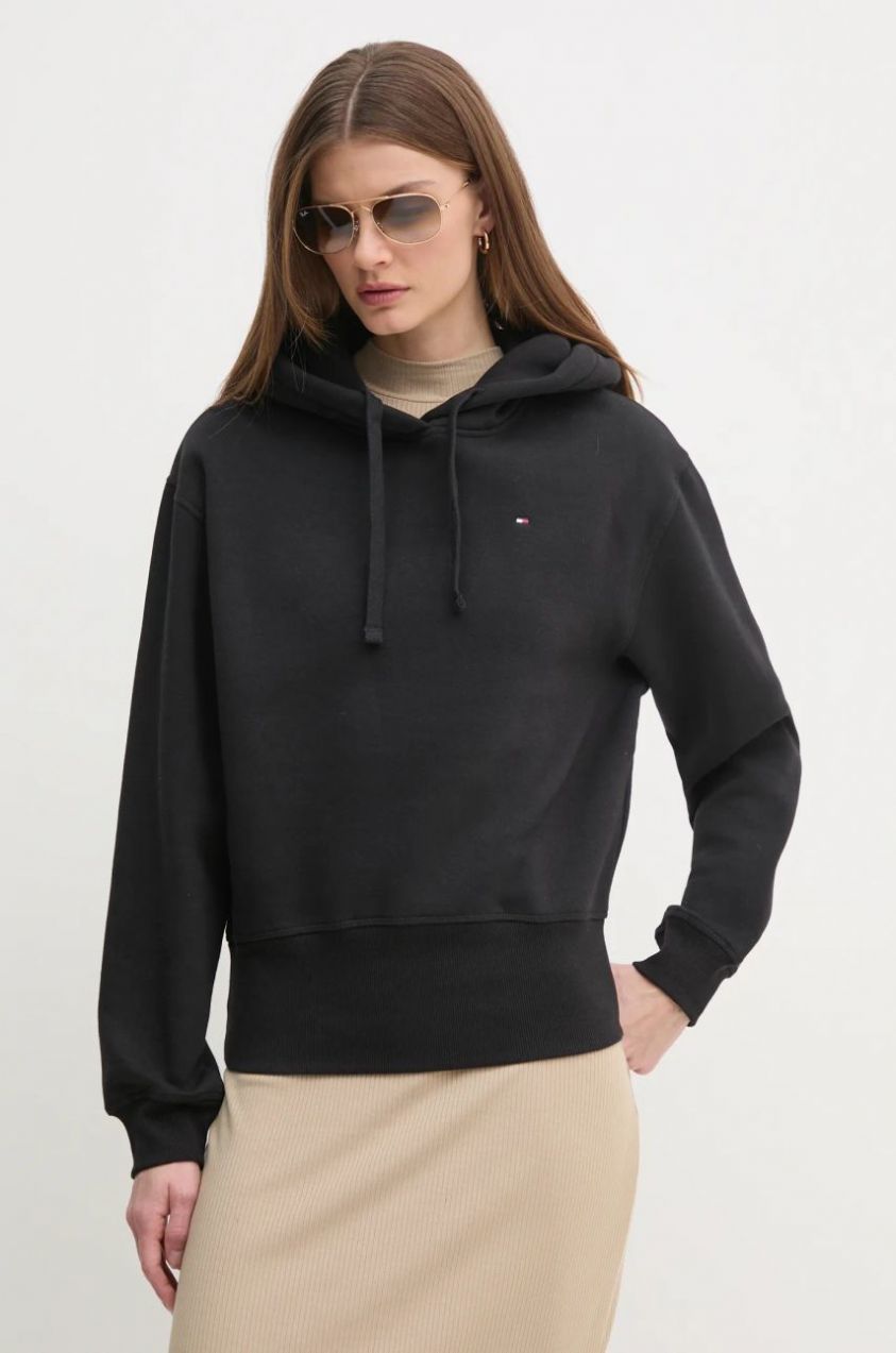 Mikina Tommy Hilfiger dámska, čierna farba, s kapucňou, jednofarebná, WW0WW44991