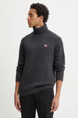 Sveter s prímesou vlny Tommy Jeans pánsky, šedá farba, s rolákom, DM0DM20602