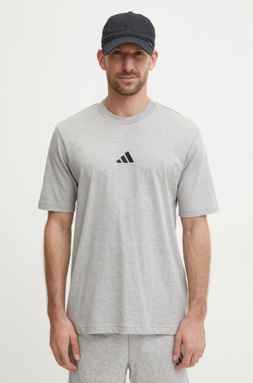 Bavlnené tričko adidas Essential pánske, šedá farba, melanžové, JF1091