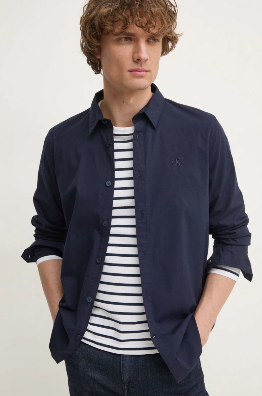 Košeľa Calvin Klein Jeans pánska, tmavomodrá farba, slim, s klasickým golierom