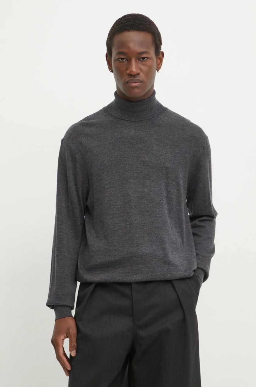 Vlnený sveter Les Deux pánsky, šedá farba, tenký, s rolákom, LDM310114