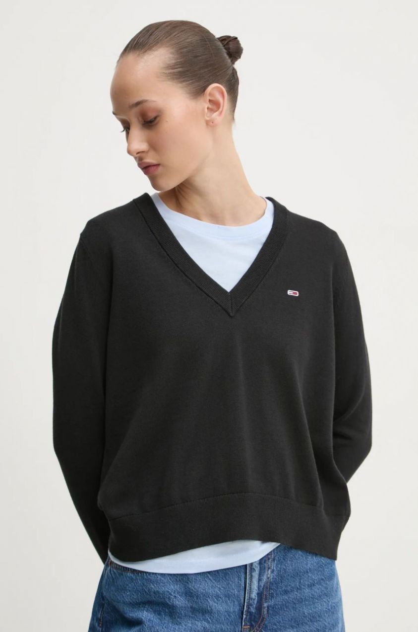 Bavlnený sveter Tommy Jeans čierna farba, tenký, DW0DW19888