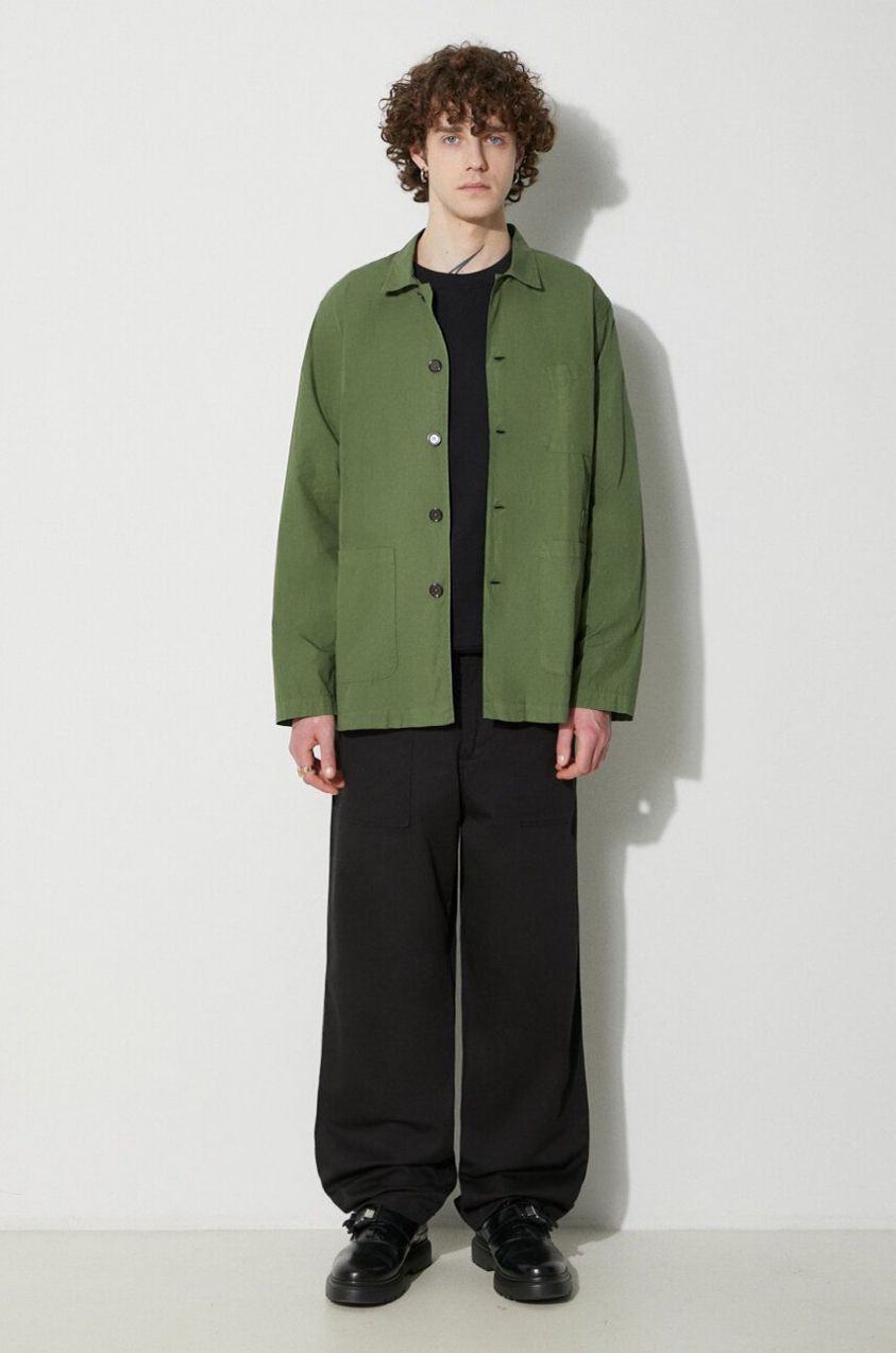 Bavlnená košeľa Universal Works Bakers Overshirt pánska, zelená farba, voľný strih, s klasickým golierom, 30680.BIRCH