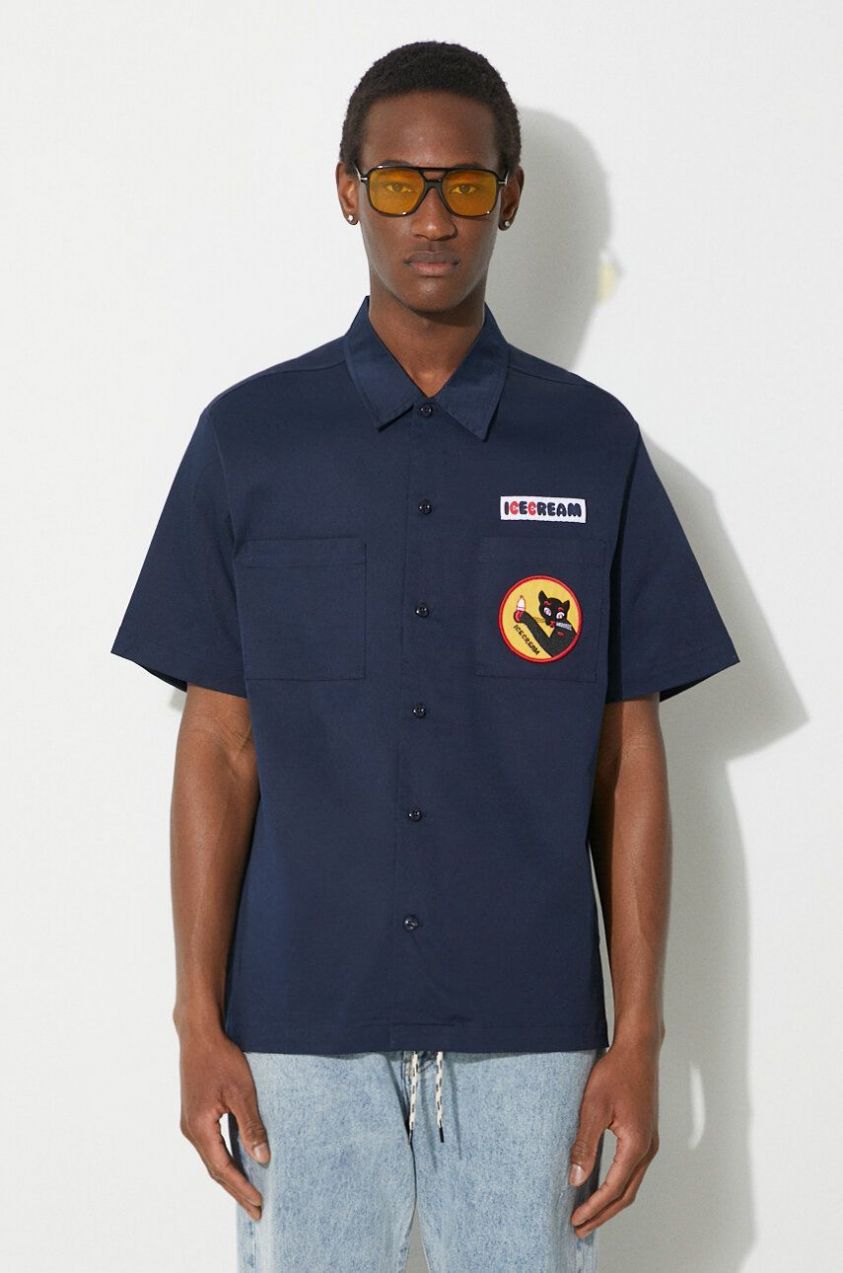 Košeľa ICECREAM Waitress Camp Collar Shirt pánska, tmavomodrá farba, regular, s klasickým golierom, IC24117