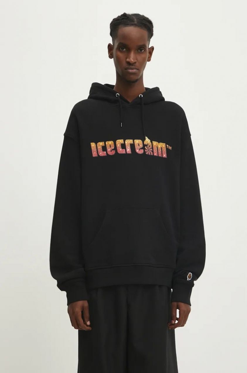Bavlnená mikina ICECREAM Soft Serve Sparkle Popover Hood pánska, čierna farba, s kapucňou, s potlačou, IC24333