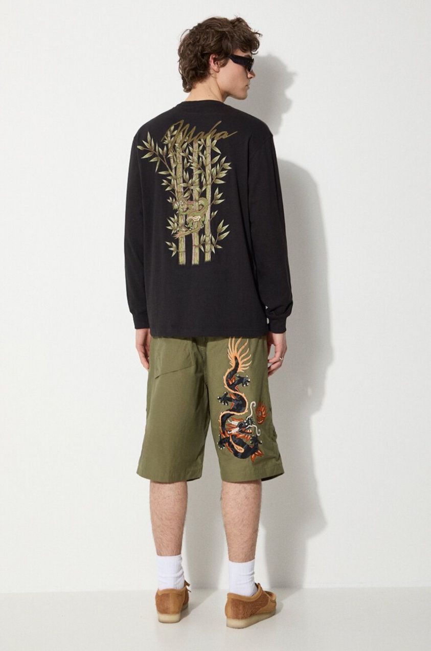 Bavlnené tričko s dlhým rukávom Maharishi Dragon Bamboo čierna farba, s nášivkou, 5080.BLACK