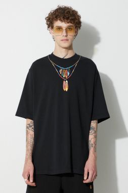 Bavlnené tričko Marcelo Burlon Feathers Necklace čierna farba, s potlačou