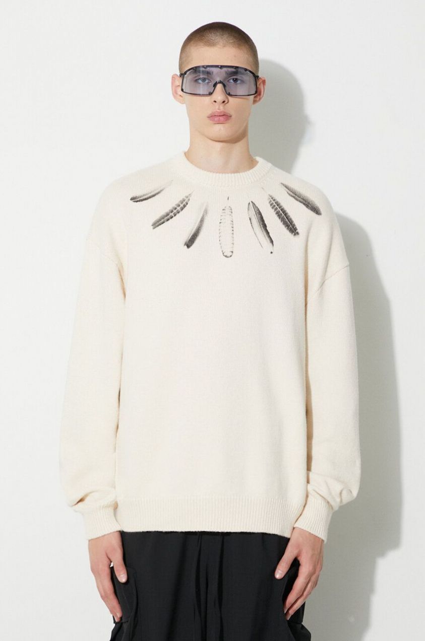 Bavlnený sveter Marcelo Burlon Aop Wind Feather béžová farba, teplý