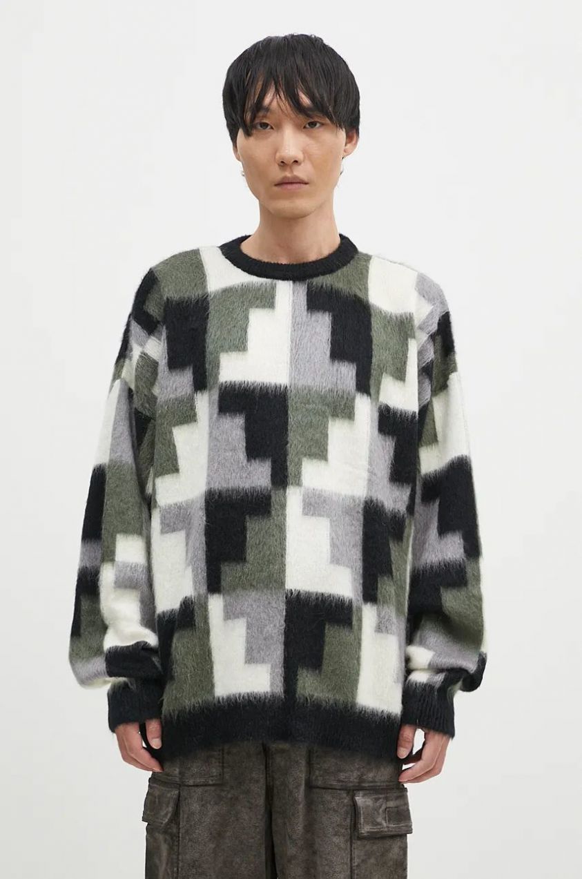 Sveter s mohérovým nádychom Marcelo Burlon AOP Damier Cross Knit Crew šedá farba, CMHE036F24KNI001066E