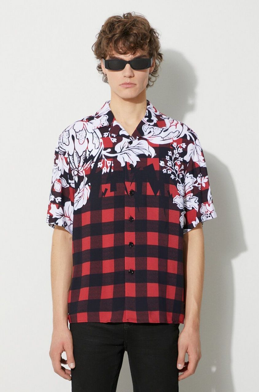 Košeľa Neil Barett LOOSE HAWAIIAN CHECK WITH BOLTS pánska, červená farba, voľný strih, PBCM186.V024.1495