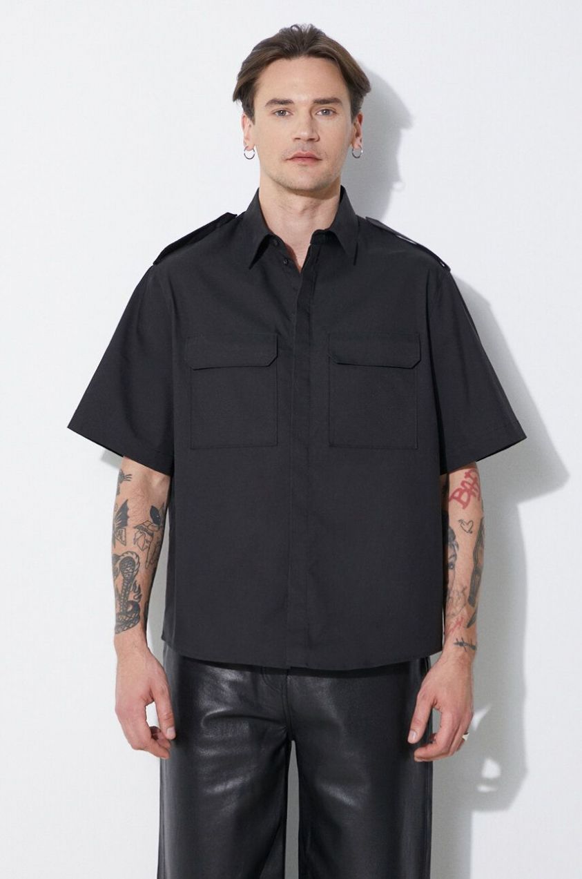 Košeľa Neil Barrett Loose Military Police Detail Short Sleeve Shirt pánska, čierna farba, regular, s klasickým golierom, MY60216A-Y037-001N
