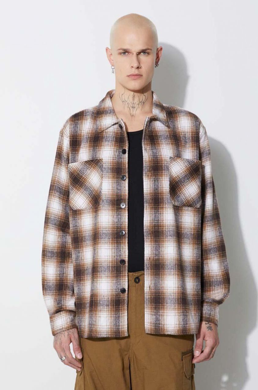 Košeľa Taikan Heavyweight Plaid Shirt TW0003.BRN, pánska, hnedá farba, regular, s klasickým golierom