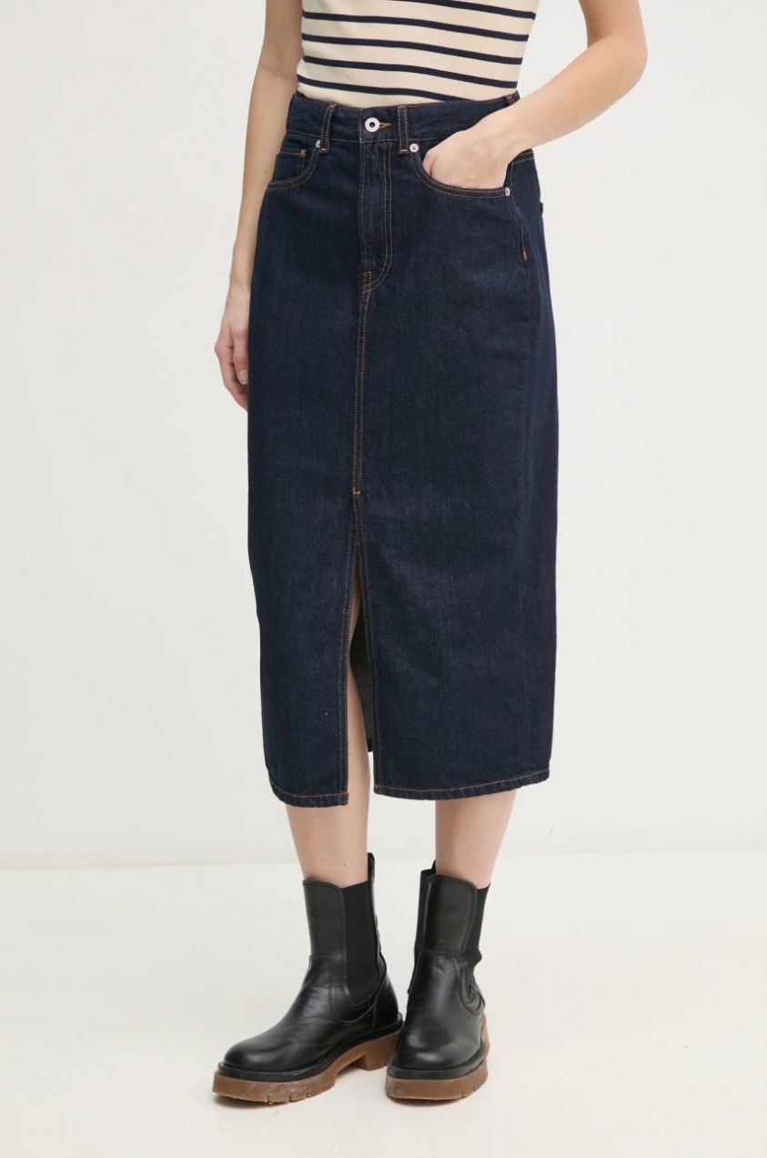 Rifľová sukňa Pepe Jeans MIDI SKIRT HW tmavomodrá farba, midi, rovný strih, PL901186AB2