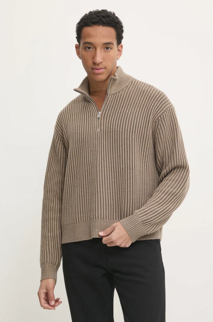 Sveter Abercrombie & Fitch pánsky, béžová farba, teplý, KI120-4181