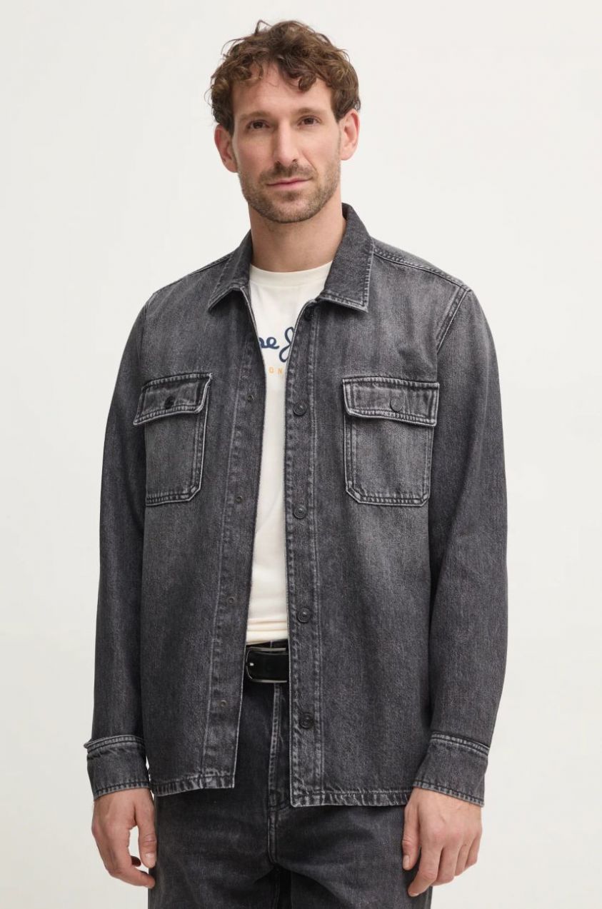 Rifľová košeľa Pepe Jeans RELAXED OVERSHIRT pánska, šedá farba, voľný strih, s klasickým golierom, PM308585XM8