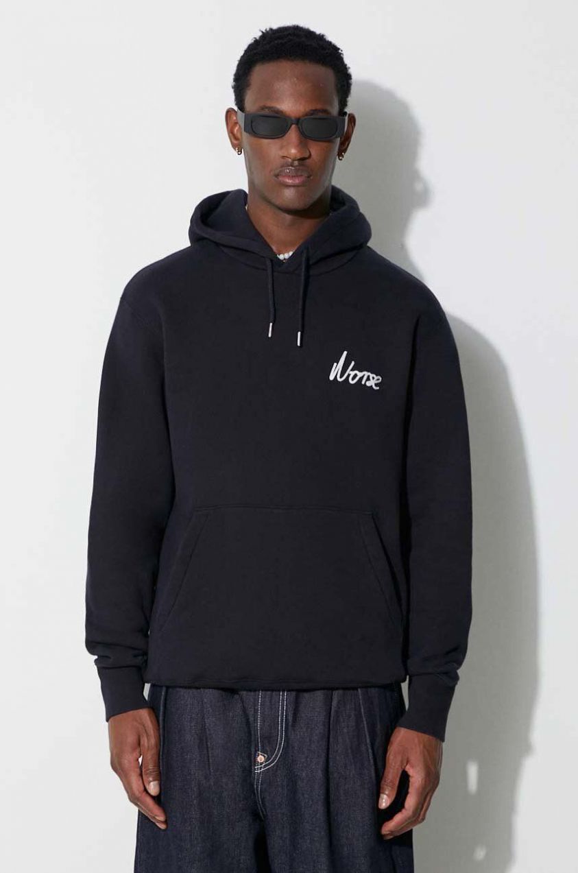 Bavlnená mikina Norse Projects Arne Relaxed Organic Chain Stitch pánska, tmavomodrá farba, s kapucňou, s nášivkou N20-1358-7004