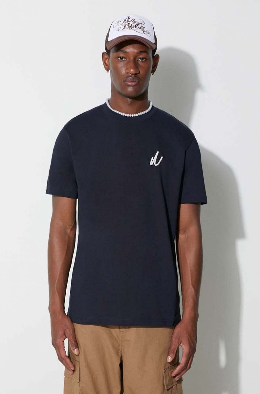 Bavlnené tričko Norse Projects Johannes Organic Chain Stitch N01.0648.7004, tmavomodrá farba, s nášivkou