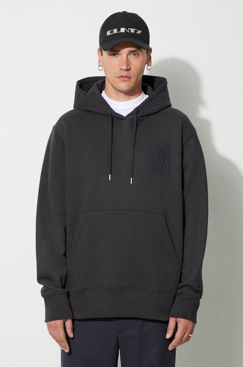 Bavlnená mikina Norse Projects Arne Relaxed Organic Brushed Fleece pánska, čierna farba, s kapucňou, jednofarebná, N20-1354-9999