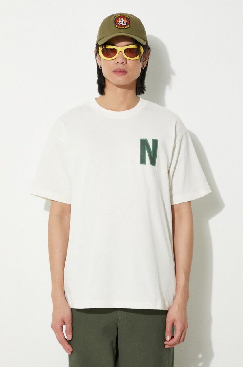 Bavlnené tričko Norse Projects Simon Loose Organic pánske, béžová farba, s potlačou, N01.0659.0957