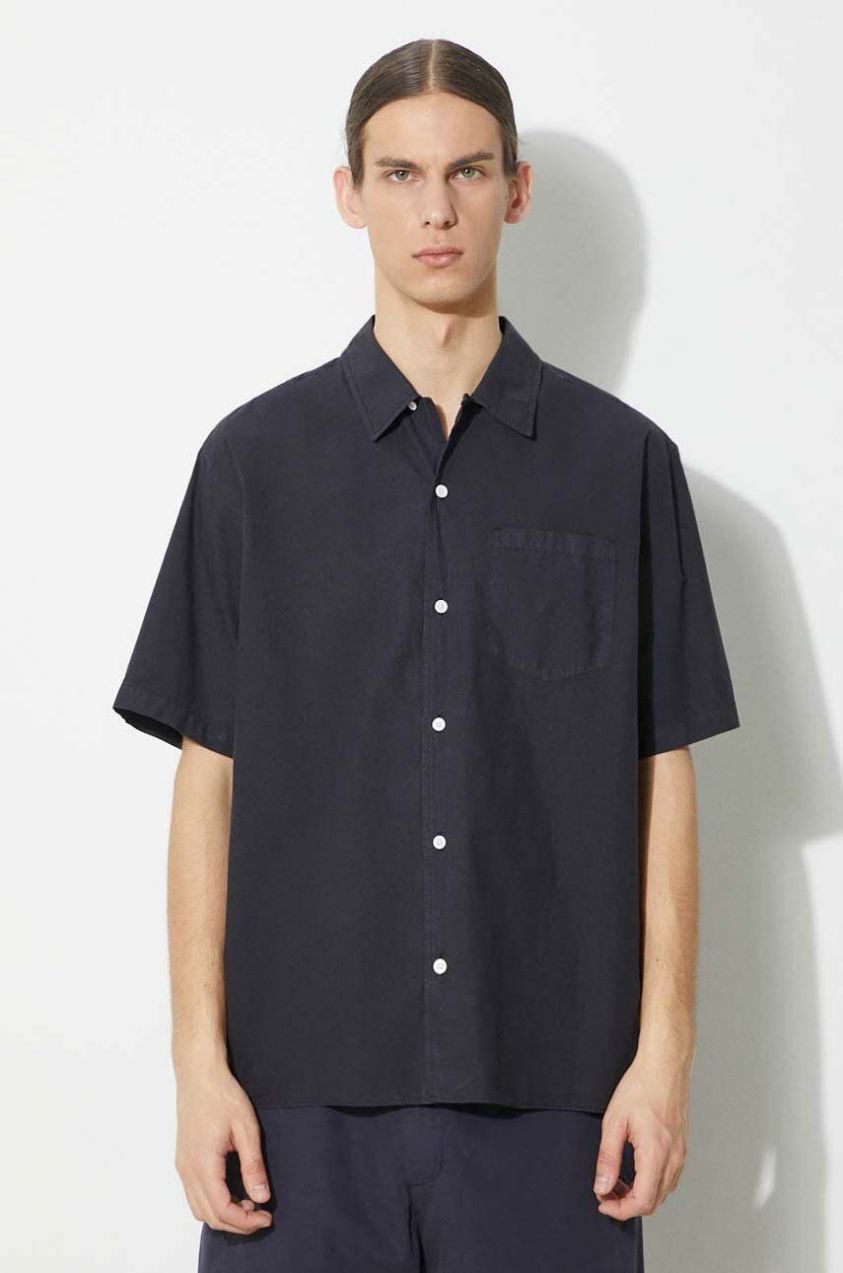 Košeľa Norse Projects Carsten Cotton Tencel pánska, tmavomodrá farba, regular, s klasickým golierom, N40.0579.7004