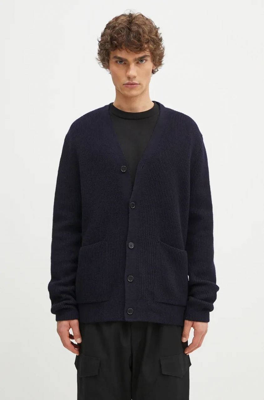 Vlnený kardigán Norse Projects Loki Wool Cotton Rib tmavomodrá farba, N45.0618.7004