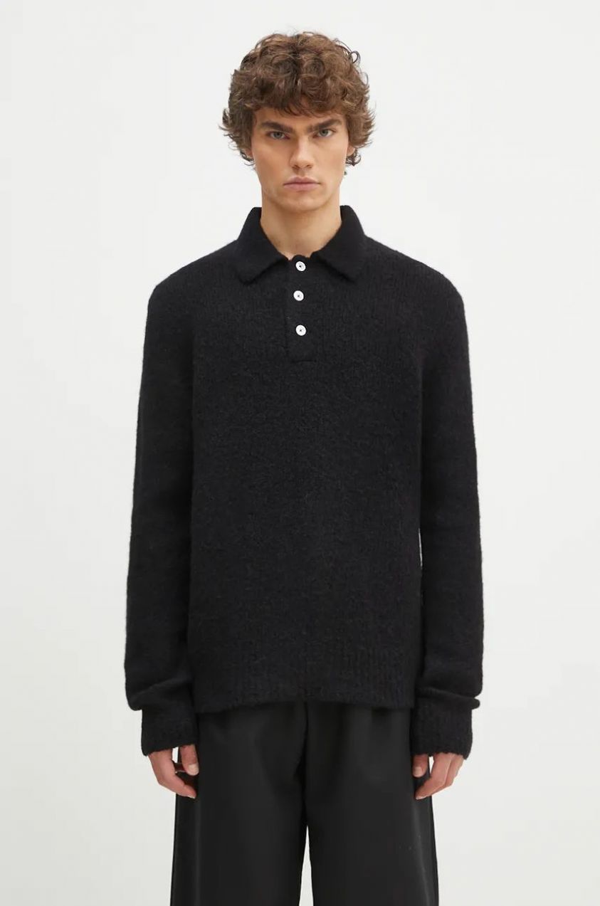 Vlnený sveter Norse Projects Rasmus Relaxed Brushed Polo pánsky, čierna farba, N45.0614.9999