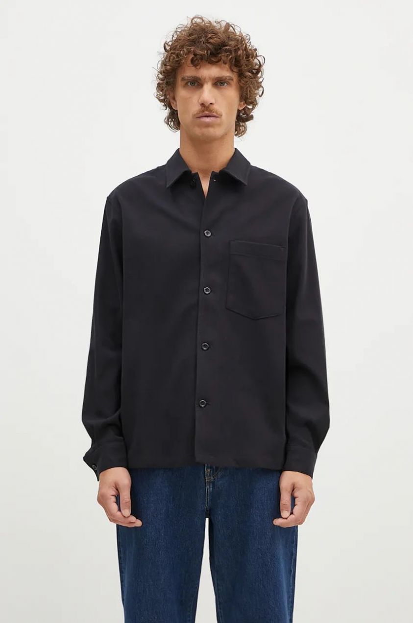 Košeľa s prímesou vlny Norse Projects Carsten Cotton Wool LS Shirt čierna farba, regular, s klasickým golierom, N40.0806.9999