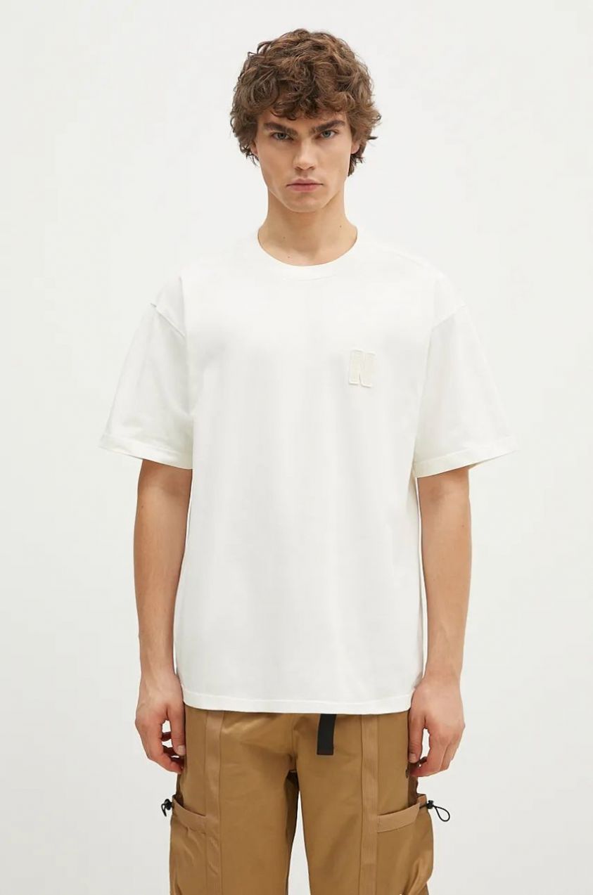 Bavlnené tričko Norse Projects Simon Loose Organic Heavy Jersey N Patch pánske, béžová farba, jednofarebné, N01.0667.0957
