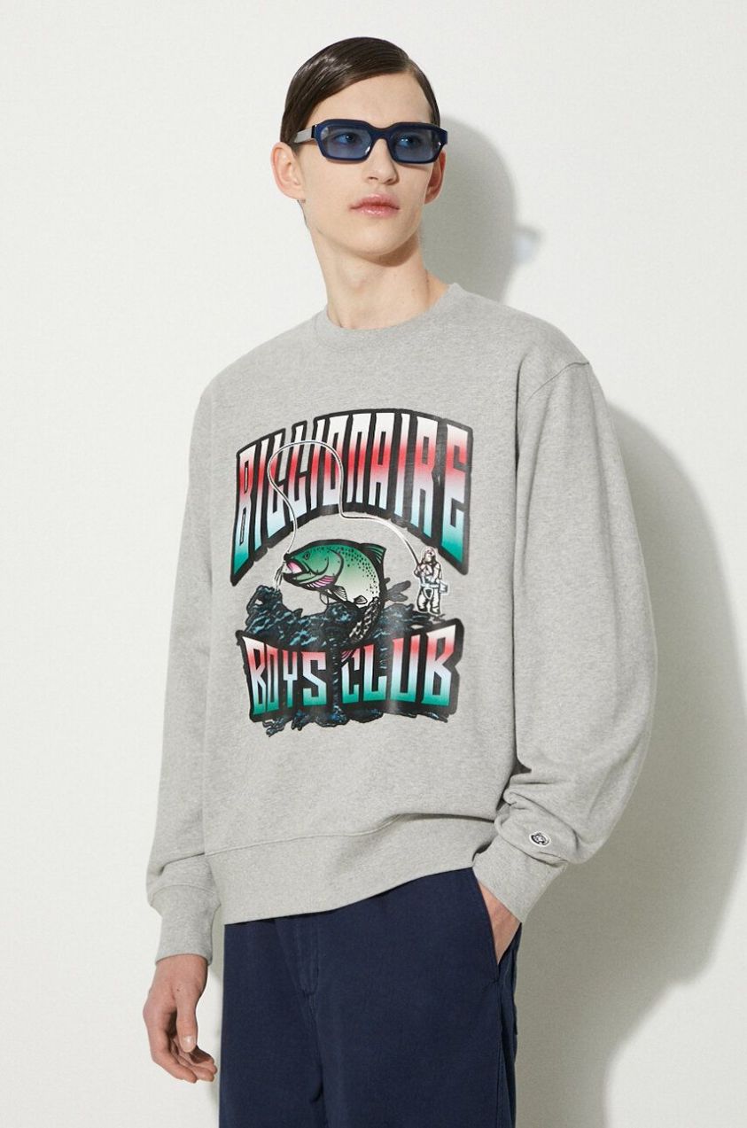 Bavlnená mikina Billionaire Boys Club Big Catch Crewneck pánska, šedá farba, s potlačou, B24230