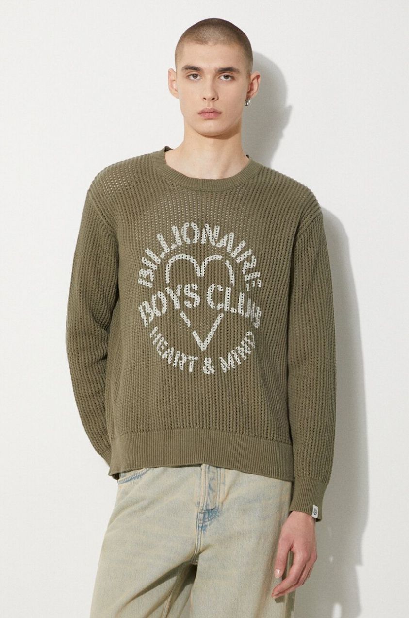 Bavlnený sveter Billionaire Boys Club Heart & Mind Stencil Logo Jumper zelená farba, teplý, B24224