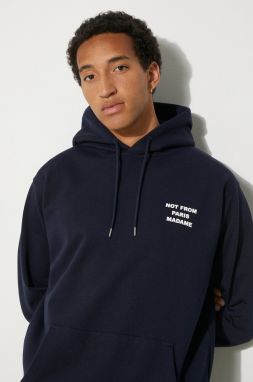 Bavlnená mikina Drôle de Monsieur Le Hoodie Slogan pánska, tmavomodrá farba, s kapucňou, s potlačou, PERM-HO162-CO127-NY