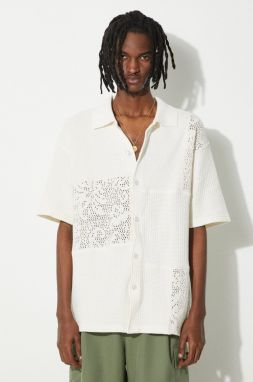 Bavlnená košeľa Drôle de Monsieur La chemise Patchwork pánska, béžová farba, voľný strih, s klasickým golierom, D-SH159-CO141-CM