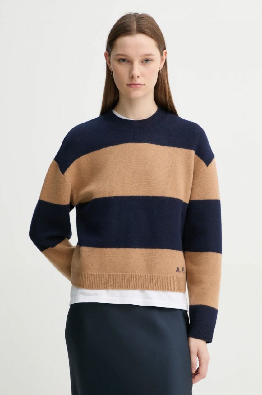 Vlnený sveter A.P.C. pull penny dámsky, tmavomodrá farba, s polorolákom, WVBDL.F23370