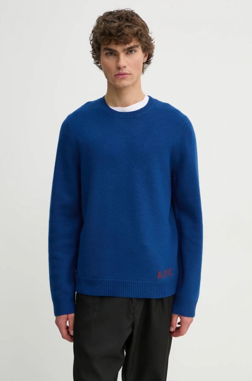 Vlnený sveter A.P.C. pull edward pánsky, tmavomodrá farba, WVBDK.H23059