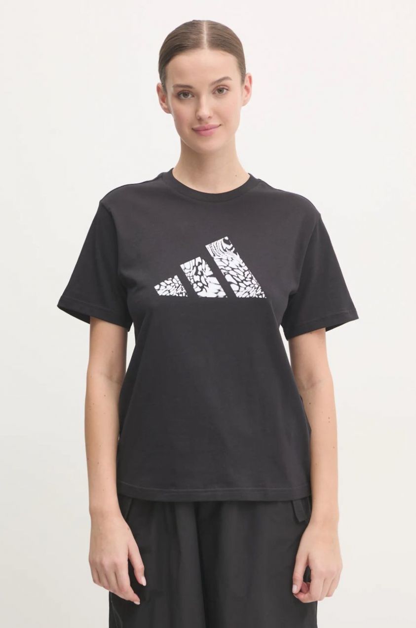 Bavlnené tričko adidas Camo dámske, čierna farba, JJ4110