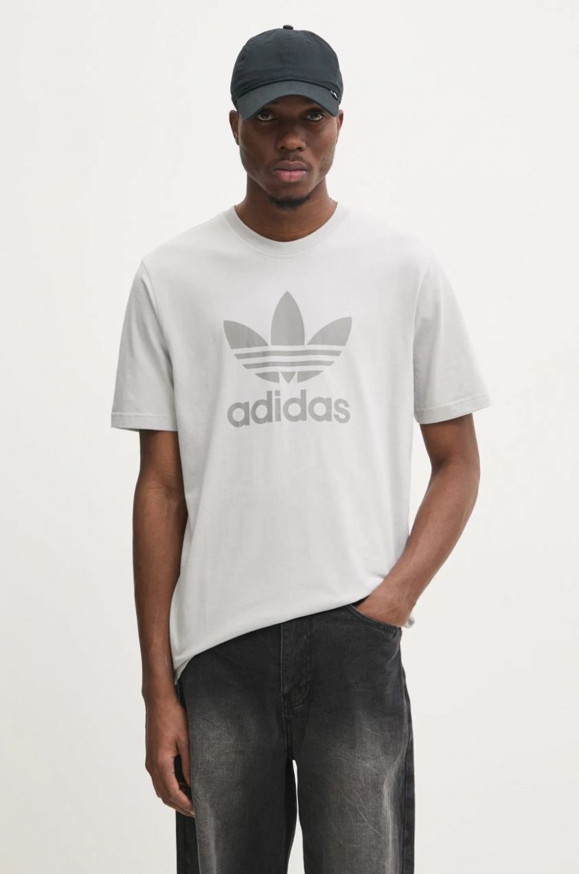 Bavlnené tričko adidas Originals TREFOIL T-SHIRT pánske, šedá farba, s potlačou, JP2548