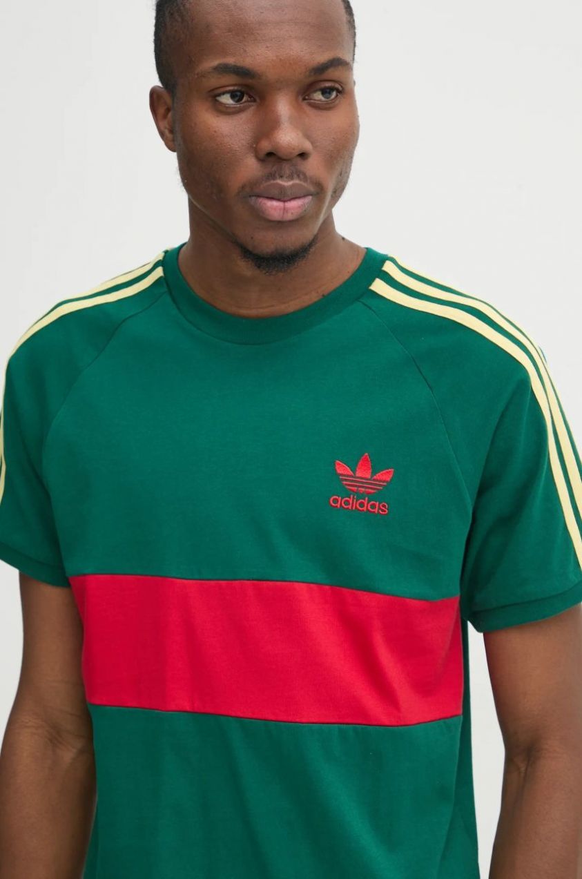 Bavlnené tričko adidas Originals 3S PANEL pánske, zelená farba, vzorované, JD4277