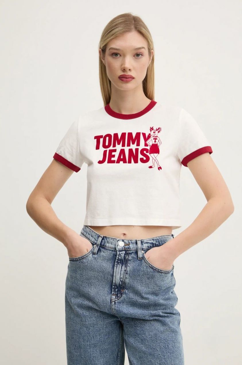 Bavlnené tričko Tommy Jeans dámske, biela farba, DW0DW20561