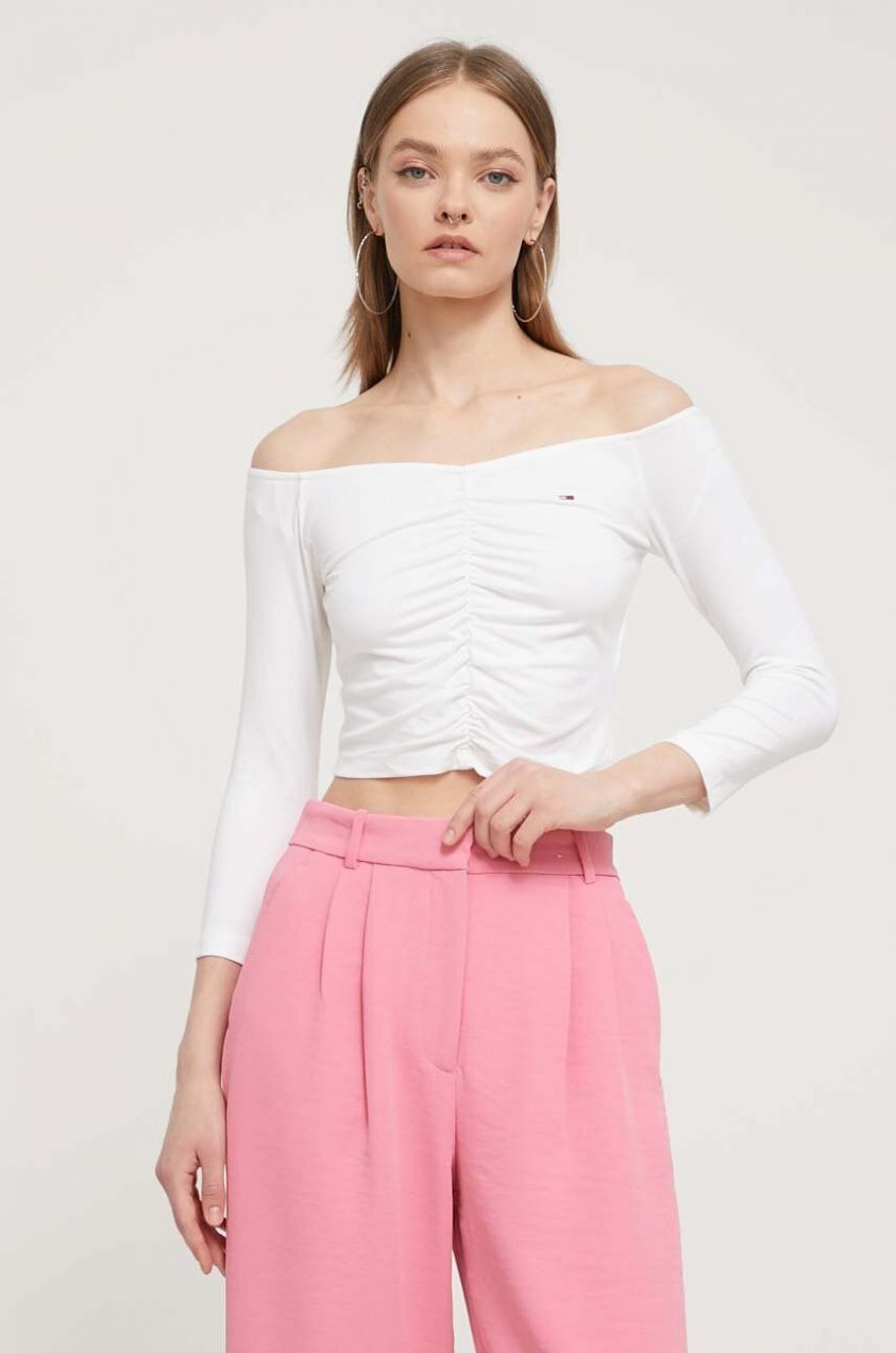 Blúzka Tommy Jeans béžová farba, jednofarebná, DW0DW17892