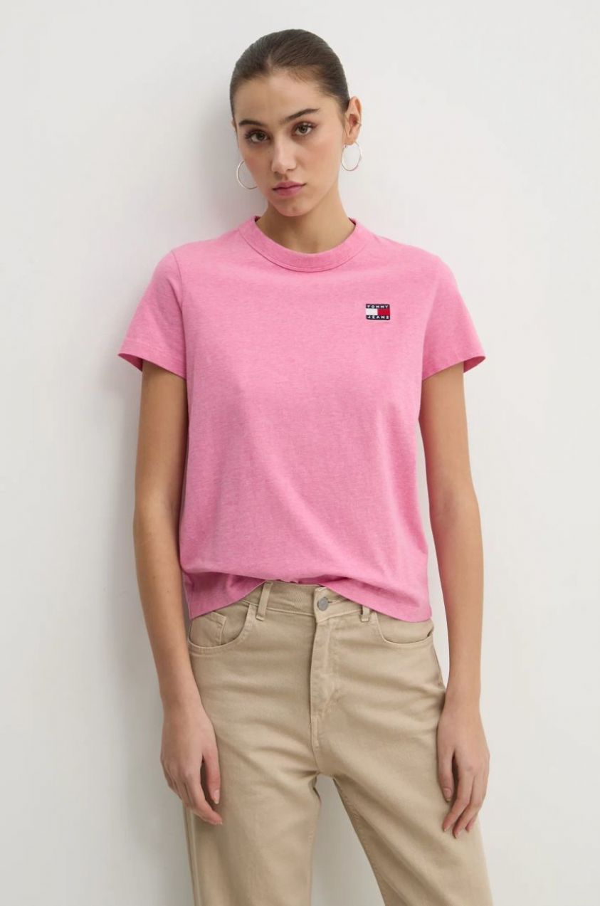 Bavlnené tričko Tommy Jeans dámske, ružová farba, DW0DW20153