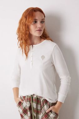 Bavlnené tričko s dlhým rukávom women'secret MIX AND MATCH LOVE ACTUALLY béžová farba, bavlnené, 3278418