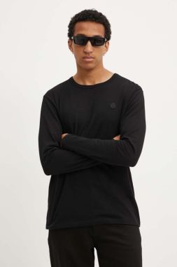 Bavlnené tričko s dlhým rukávom Wood Wood Long Sleeve čierna farba, jednofarebné