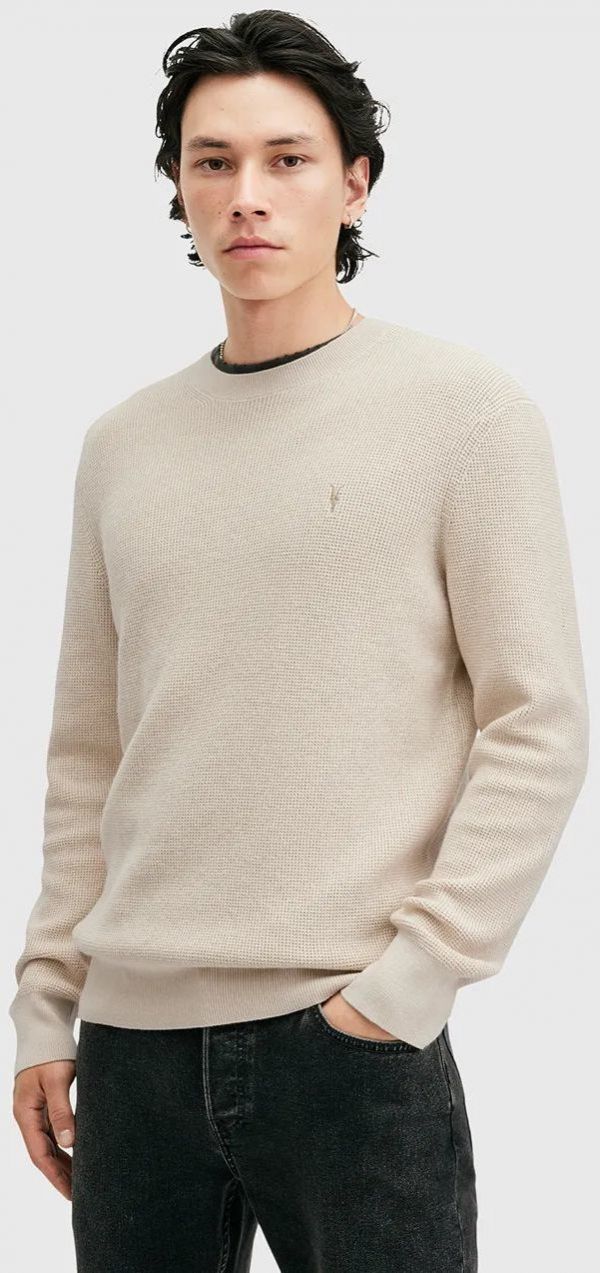 Sveter s prímesou vlny AllSaints ASPEN CREW pánsky, šedá farba, M089KB