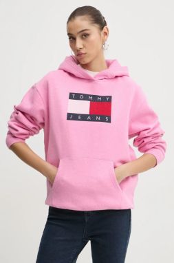 Mikina Tommy Jeans dámska, ružová farba, s kapucňou, s potlačou, DW0DW19407