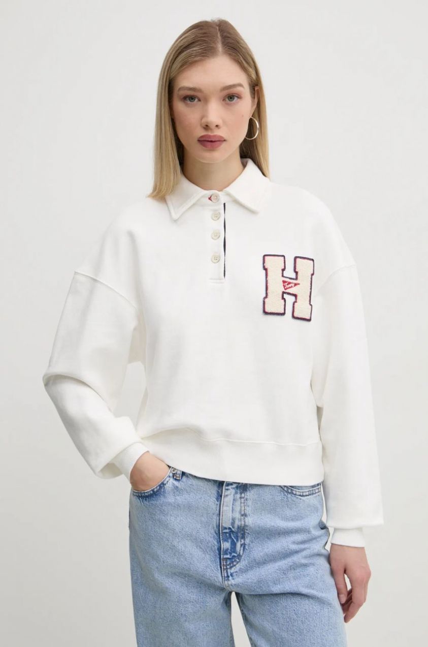 Bavlnená mikina Tommy Jeans dámska, béžová farba, s nášivkou, DW0DW20537