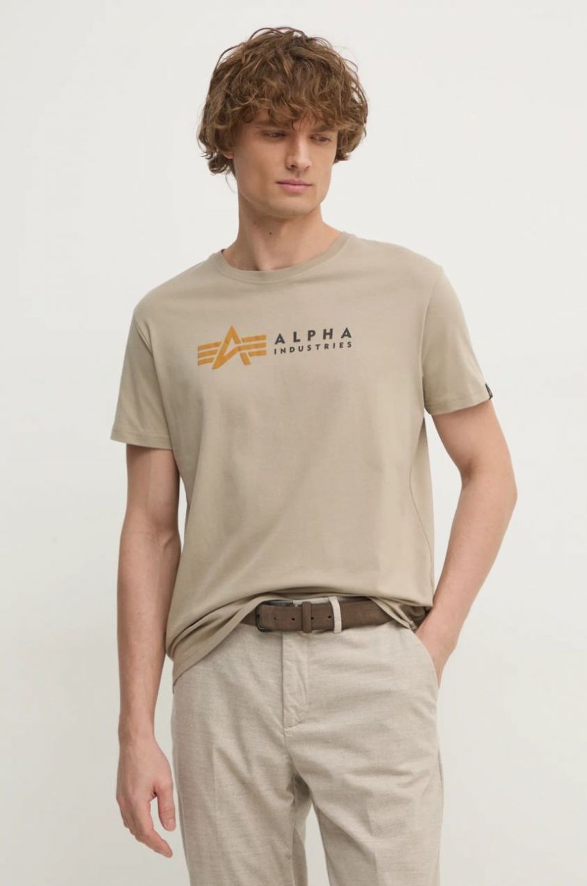 Tričko Alpha Industries pánske, béžová farba, s potlačou, 118502PP