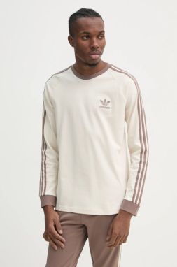 Bavlnené tričko s dlhým rukávom adidas Originals 3-Stripes béžová farba, s nášivkou, JN7022
